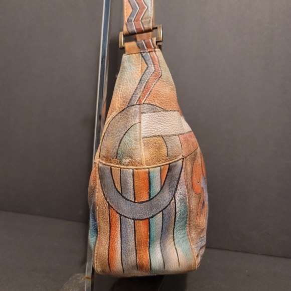 Anushka Hand Painted Leather Hobo Shoulder Bag Geometric Shapes - Picture 12 of 15